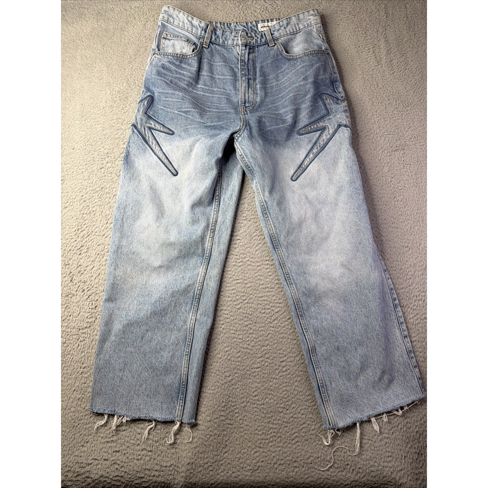 Bershka Wide-Leg raw hem women's 32 Denim Jeans Cotton 5-Pocket embroidered